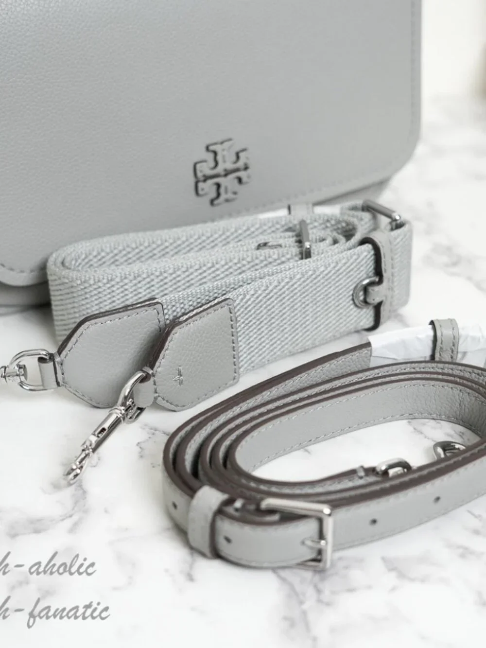 Tory Burch Thea Pebbled Leather Flap Crossbody Shoulder Bag in Misty Cloud NWT